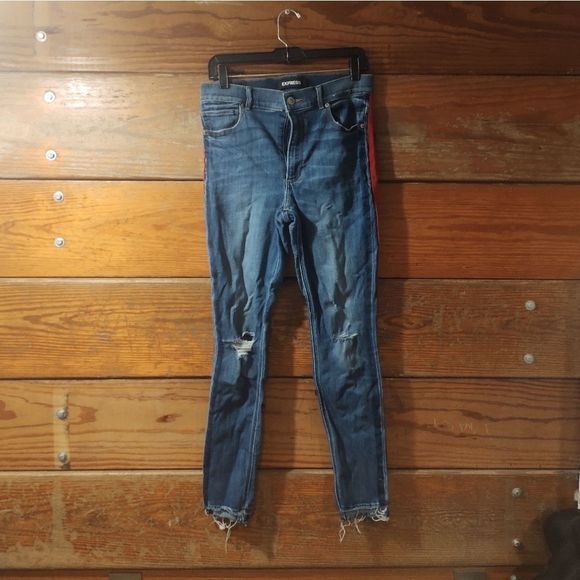 EXPRESS | RED STRIPE DISTRESSED JEANS 10 LONG - Picture 1 of 5